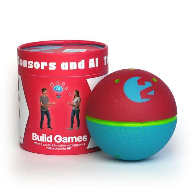 Ball 2 interactive ball beside its retail packaging