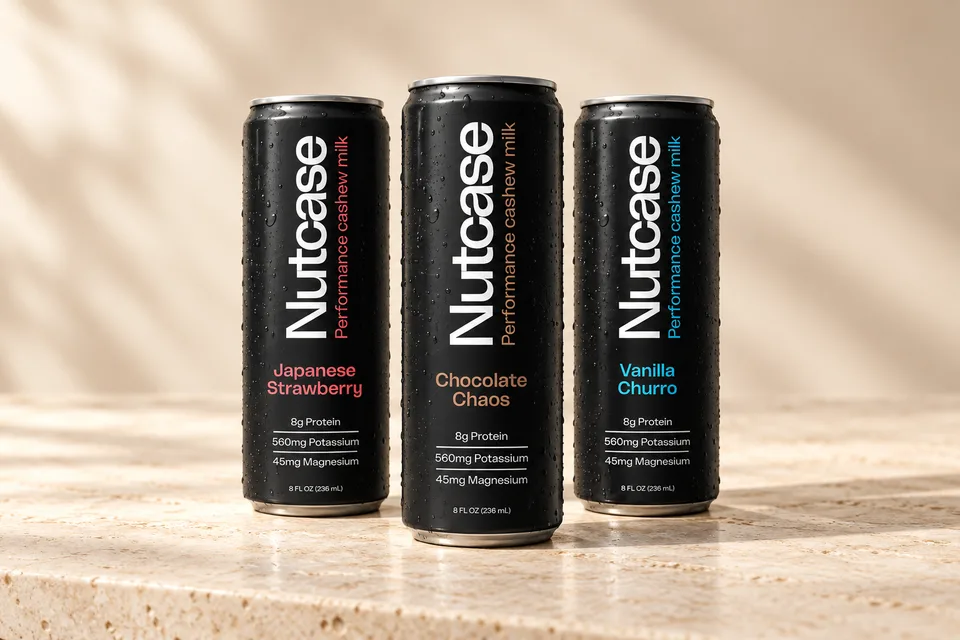 Nutcase cashew milk cans in Japanese Strawberry, Chocolate Chaos and Vanilla Churro